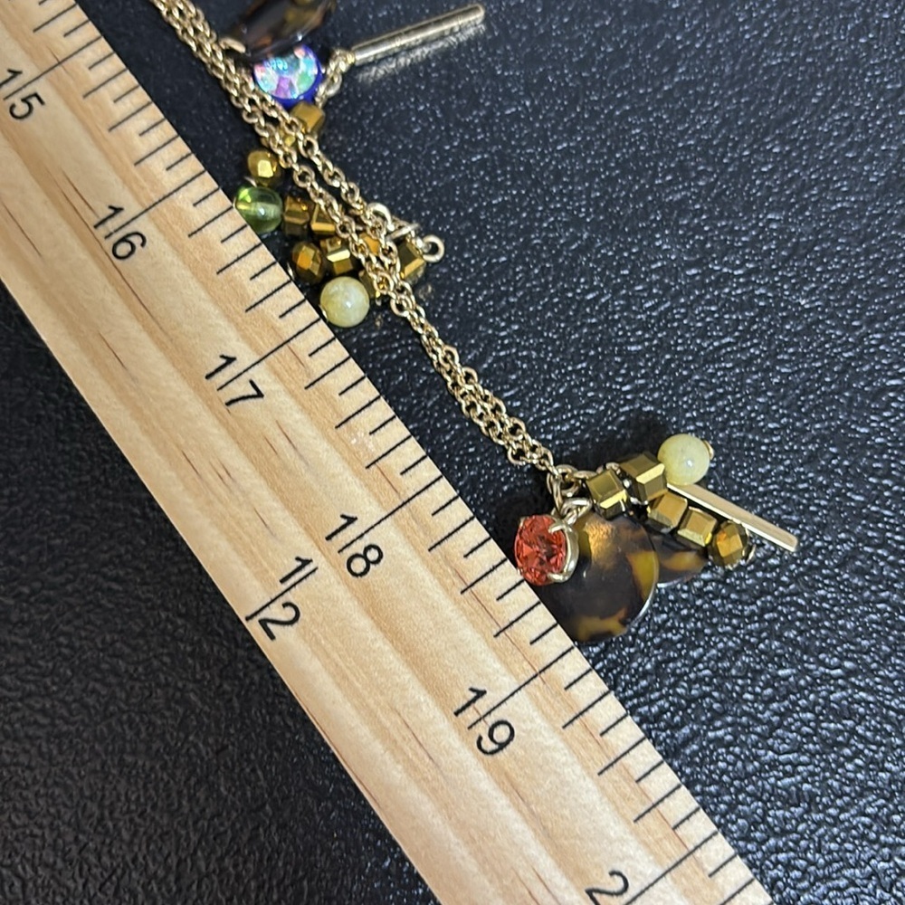 Signed J Crew Gold Tone Dangle Faux Tortoise & Colored Rhinestones Necklace - Picture 10 of 11